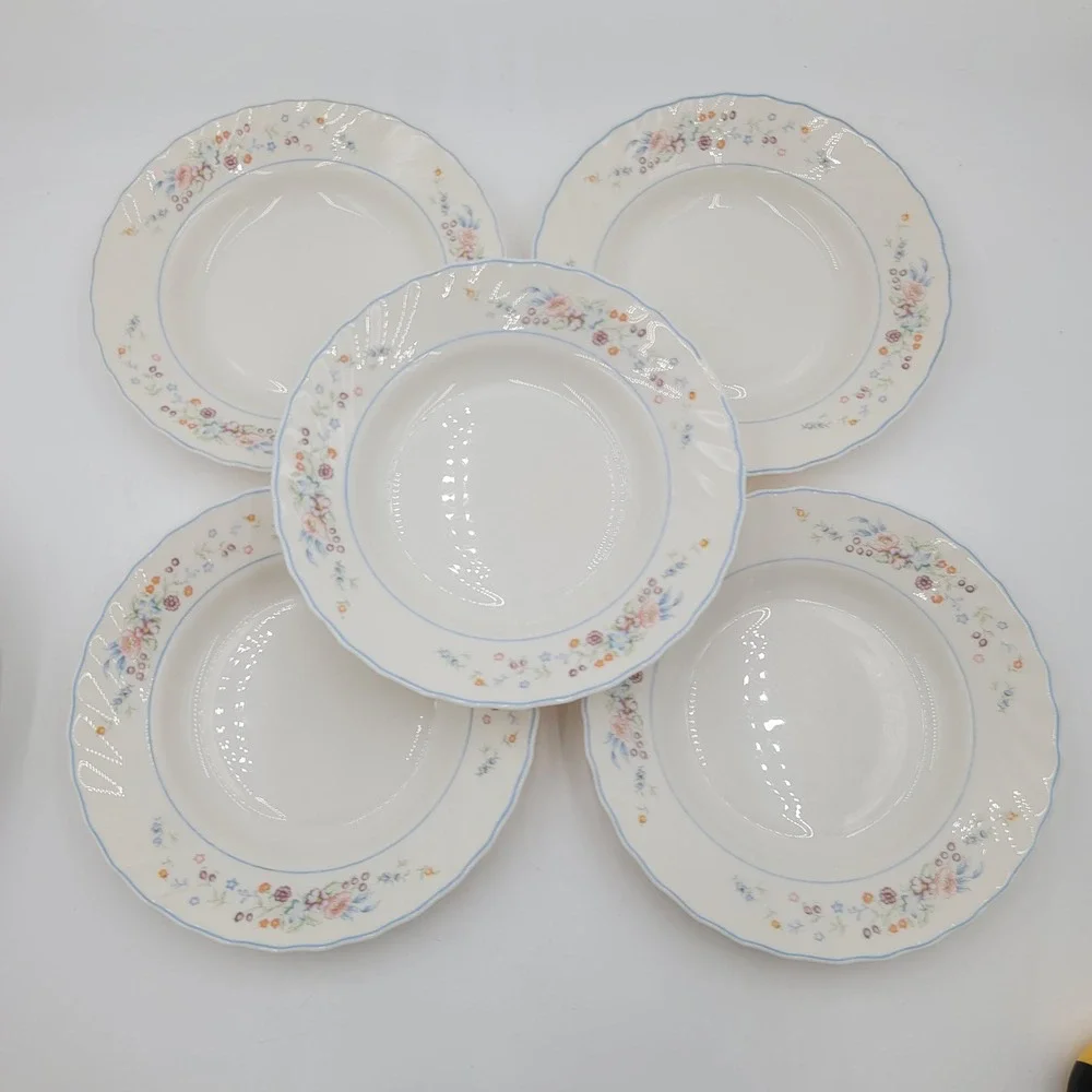 5 Arcopal Victoria Floral Pattern Soup Bowls Scalloped Edge Blue Rim 8.75